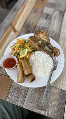 Chicken Adobo plate with Pancit and Lumpia Shanghai!