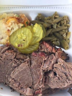 Beef brisket, potato casserole and green beans. Yummo