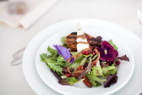 Grilled peach,candied pecans,chocolate covered mulberries,Danish blue wedge, pomegranate kernels, and honey Dijon Blas. Vin. mmm