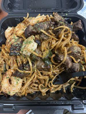 Steak ,noddles, and shrimp