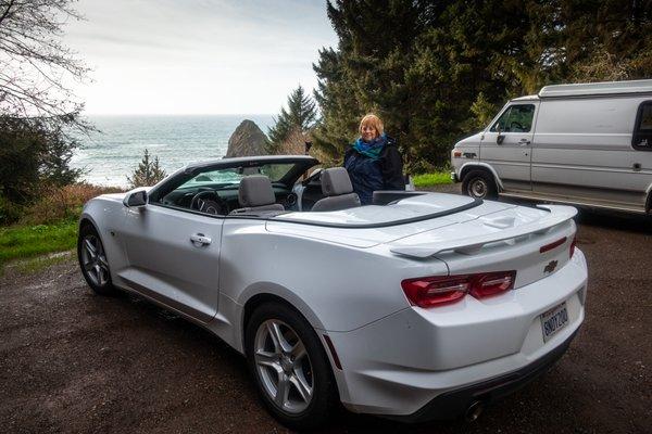 De all bundled up to cruise in the Budget Camaro rental