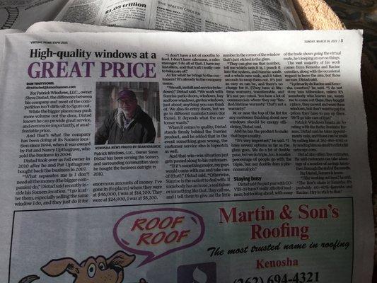 Kenosha News article in Virtual Home Expo 2021, Sunday, March 14, 2021 Patrick Windows, LLC 262-859-0392 sdistad@netscape.com