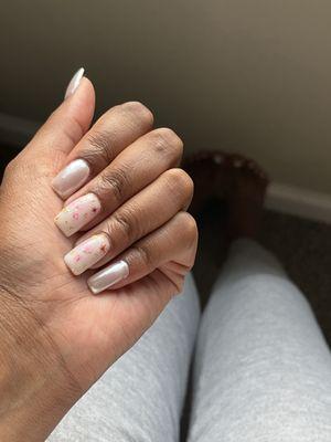 Gel full set & pedicure with chrome on 3 nails and flowers with gold added