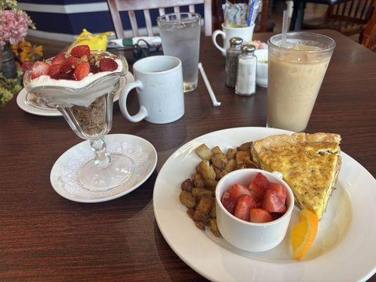 Parfait and Quiche with an iced espresso