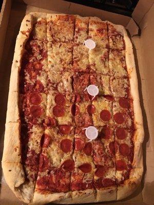 Horrible sheet pizza, made with marinara sauce, gross and undercooked!!