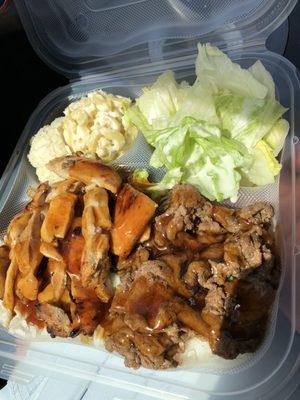 Teriyaki Chicken and Beef Plate with Macaroni and Mashed Potato Salad. April 2021