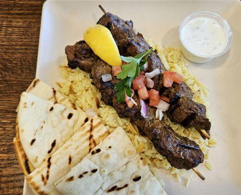 Yummy lamb souvlaki plate