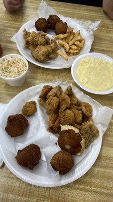 Top: Catfish nuggets & fries Bottom: Catfish nuggets, shrimp, stuffed crab, cheesy grits and slaw.