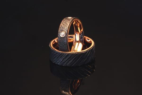 This is a set of iron and red gold wedding rings that I created for a couple in Florida.