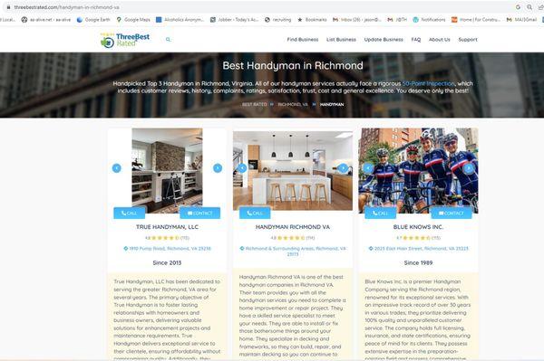 We are proud to be in the top three Richmond's Three Best Reviews list.
https://threebestrated.com/handyman-in-richmond-va
Check it out!!