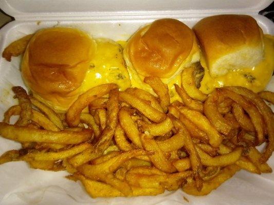 3 hamburger sliders with cheese and fries