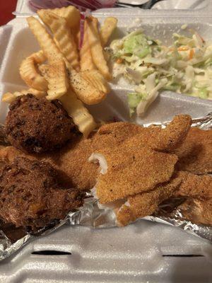 Fried Catfish Plate Lunch with fries, slaw, and hush puppies