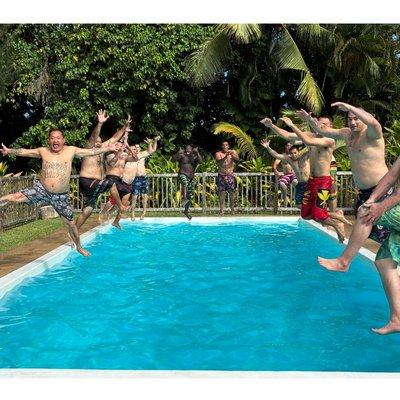 Just another day in this paradise; Habilitat residents coolin' off and stylin' in their Waialoa Board Shorts!