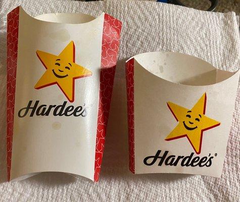 Large and medium fries cartons-the large doesn't fully open and is thinner, therefore providing the same amount as the medium