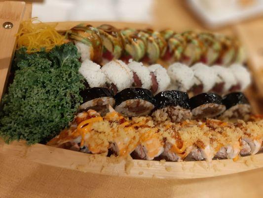 Close up of Combo # 1 Sushi Boat. 80$.