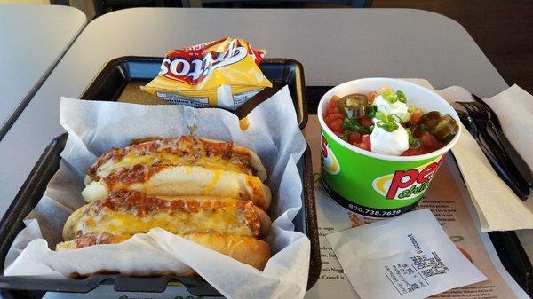 Dubbel dog deal and a Petro's original with jalapenos.