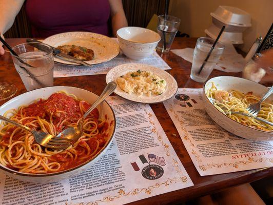 Spaghetti and meatballs, risotto, shrimp scampi