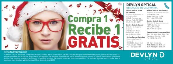 Todo el mes de diciembre compra un par de lentes y recibe uno gratis!