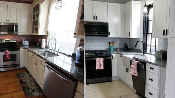 white shaker kitchen upgrade. glass mosaic backsplash