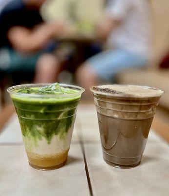 Peaches and Cream Matcha Latte and Twice Hojicha Latte