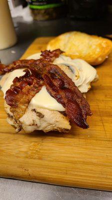 Betty's sister! A perfect grilled chicken sandwich covered with Swiss cheese and topped with crispy bacon! Mmmm,