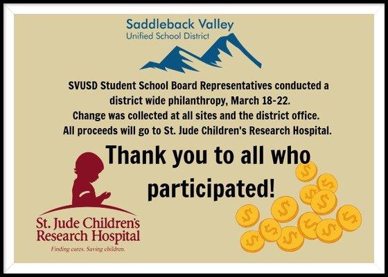 Recent district wide philanthropy for St. Jude Children's Research Hospital.