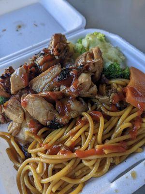 Bourbon chicken, noodles, steamed vegetables