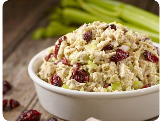 Cranberry Chicken Salad Natural chicken breast mixed w/celery, craisins, salt/pepper folded in a creamy mix of Dijon, mayo and brown sugar.