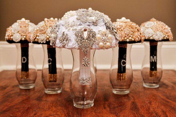 Hand-made jeweled bouquets! Such a beautiful "Great Gatsby" themed wedding!