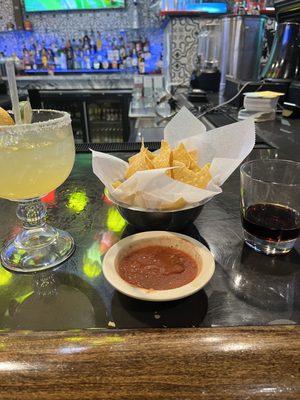 Classic margarita, a single portion of chips & salsa and a shot of jager