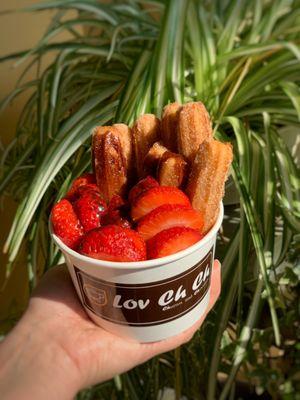 Churro Fruitci Bowl made with 8 Small Churros, Seasonal Berries, Whip Cream and Chocolate Syrup