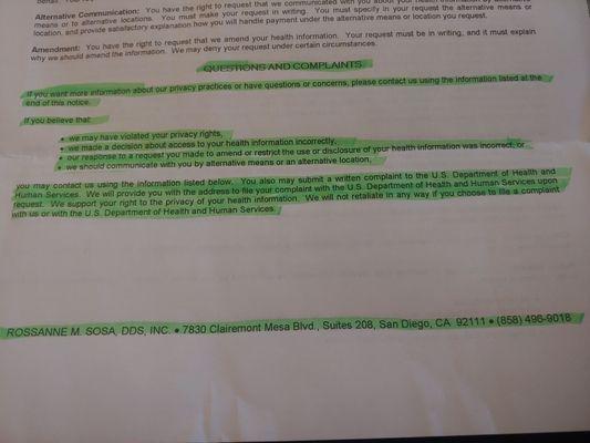 If you want to file a complaint here is notice of privacy practice from their office