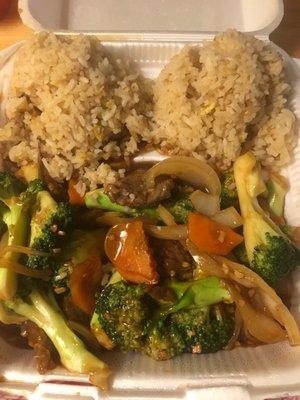 Beef and broccoli with fried rice