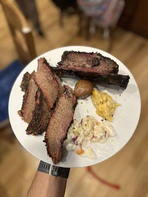 Brisket, short rib, potato, mac and cheese, coleslaw