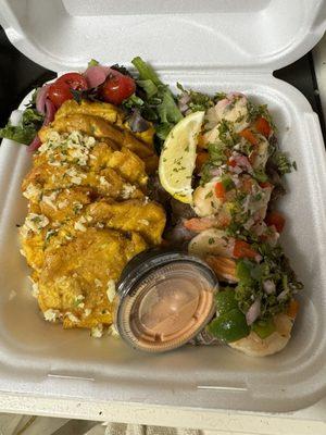 Surf and turf with garlic tostones
