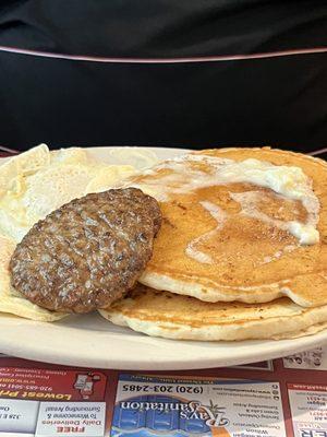 Eggs sausage Patty and pancakes,