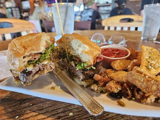 Calente Burger and cottage fries (parm & garlic too)