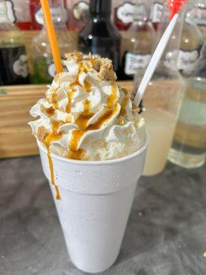 Sandcastle - white chocolate, coconut, sweet cream, whipped cream, caramel drizzle, and graham cracker.