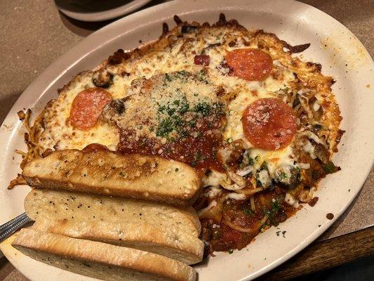 Pasta Supreme. Spaghetti & meat sauce tossed w/Italian sausage, pepperoni, capicola, and your sides. Bake under mozzarella.