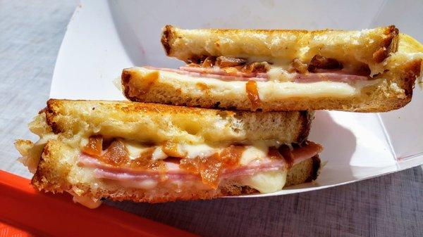 Ham & Cheese- gruyere, ham, grilled onion, Dijon, levain Pullman bread. Cheesy goodness!