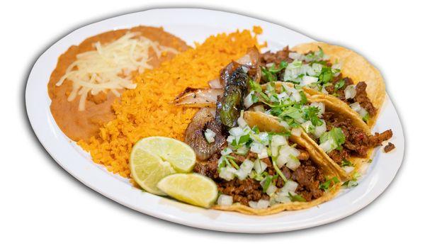 Our Taco Plate with your choice of meat, accompanied by some delicious rice and fresh beans