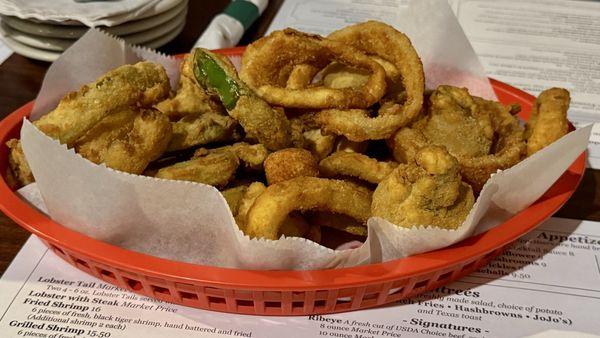 Appetizer sampler. Fried pepper rings, cauliflower, cheeseballs, jalapeño cheeseballs, mushrooms, pickles, and onion rings.