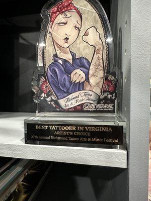 Voted by Virginia tattooers as the Best tattooer in Virginia, awarded to Ande Chambers at the Richmond tattoo and arts festival.