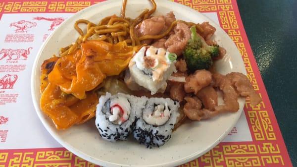 Veggie lo mein, chicken & broccoli, szechuan chicken dumplings, and some assorted sushi (crab based).