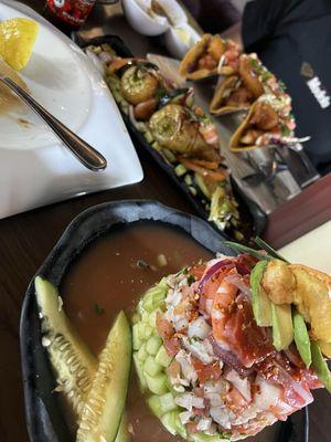 La Torre, chiles güeritos con camarón and Fish tacos! Servings are big!