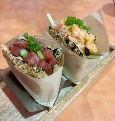 Pico with ahi tuna, masago, green onion, cucumber, avocado topped with lightly torched spicy salmon, masago, onion, crab mixed