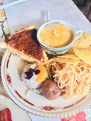 Samplers Platter chicken salad, quiche, pasta, soup and a mini muffin.