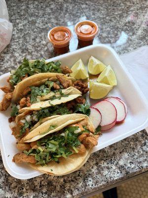 Pastor and chicken tacos. 4 for $10