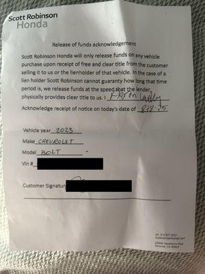 After surrendering the car, seller handed waiver from SR Honda stating no payment timeline directly contradicting Driveo original promises