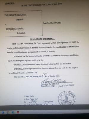 Final Order Dismissal with prejudice in my favor Sanders lawsuit against me